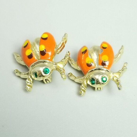 Vintage Orange Enamel Bug Scatter Pins, Retro Brooch Set, Green Eyes, Estate - Picture 3 of 7